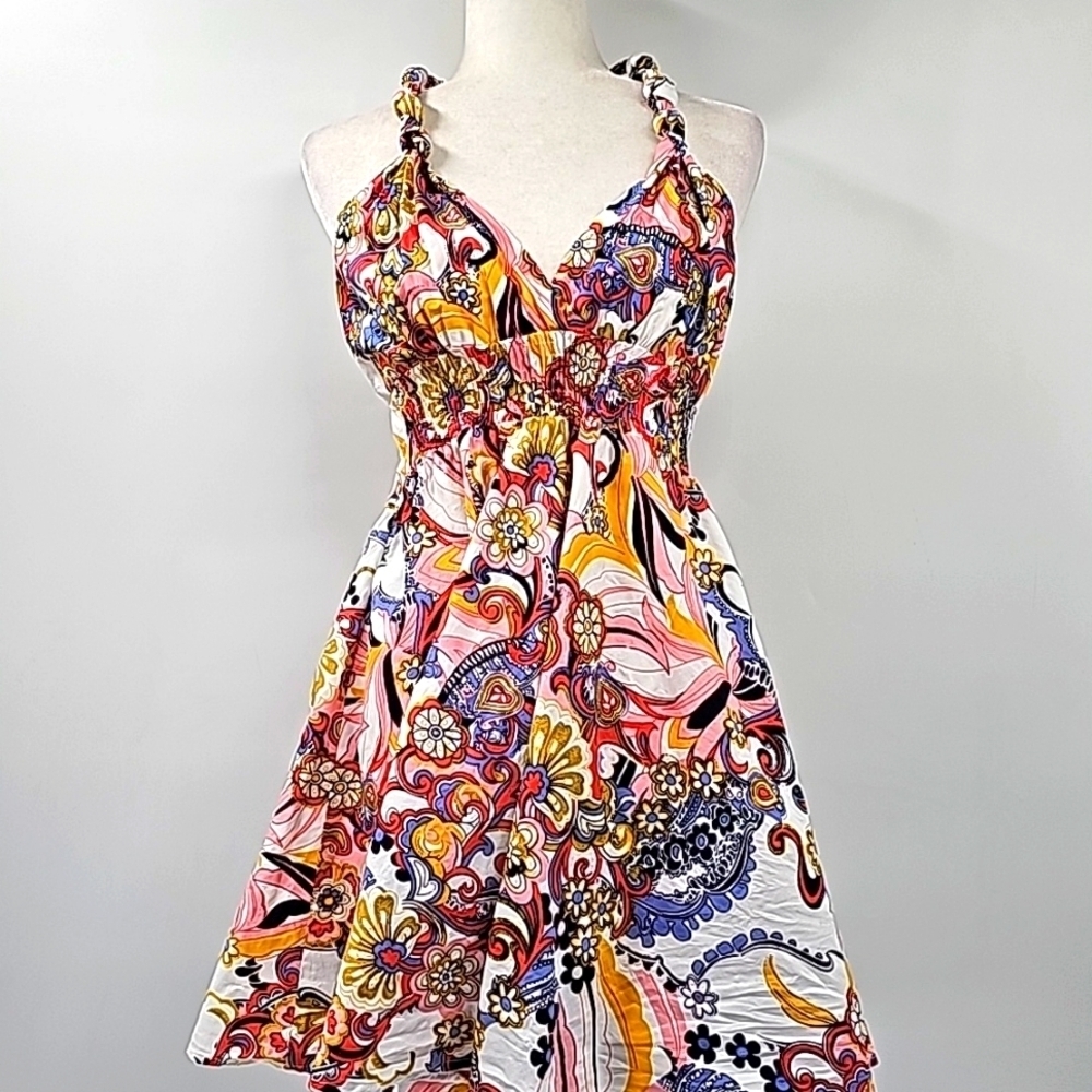 Aman Boho Smocked Empire Waist Vneck Halter Fit&Flare Mini Dress or‎ Tunic Y2K